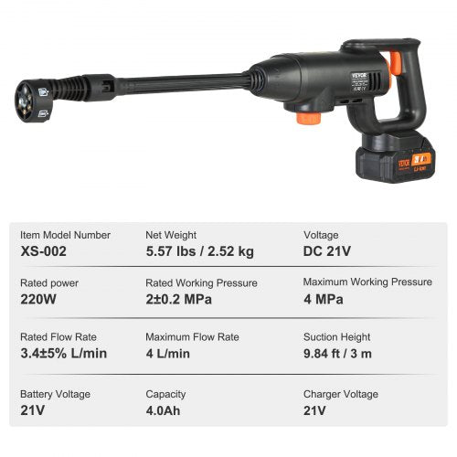 VEVOR Akku Hochdruckreiniger Kabellos Wasser Druckreiniger Spritzpistole Druckreinigerpistole (220W 21V, 40bar, zur mobilen Reinigung und Bewässerung, 4L/min, inkl. Zubehör, Ladegerät)