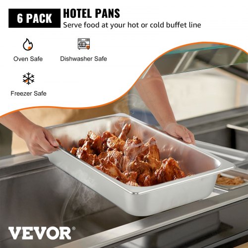 VEVOR Edelstahl Behälter 6 Stk. Speisebehälter Essens Behälter, Antihaft Teller, 537 x 330 x 90 mm kommerzieller Warmhaltebehälter für Speisen, Torten, Aufläufe, Hotelpfanne Tisch Food Pan