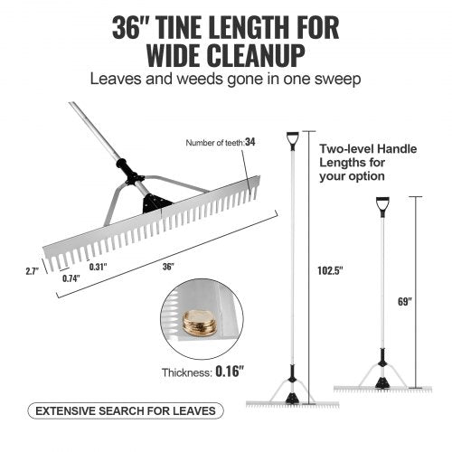 VEVOR Landschaftsrechen, 36-Zoll-Kopf, Aluminium-Landschaftsrechen, 102,36 Zoll, verstellbarer Griff