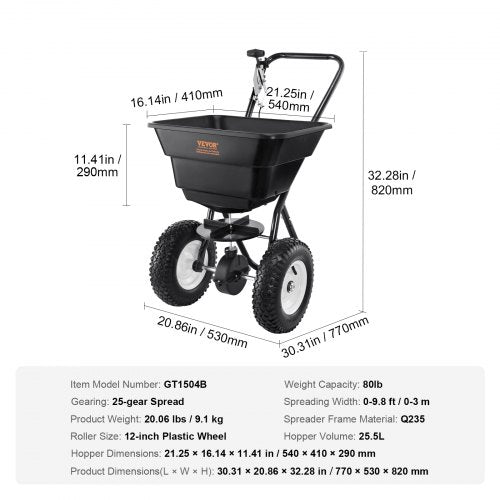 VEVOR 36,29 kg Dünger Streuwagen Saatgutstreuer mit 12-Zoll-Rädern, Stahlspießbelüfter Düngerstreuer, Gartensämaschine &amp; Salzstreuer, für Wohngebäude, Bauernhöfe, Schwieriges Gelände Schwarz