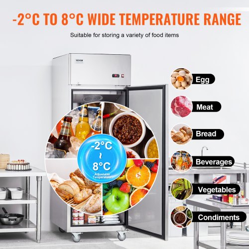 VEVOR Gewerbekühlschrank 570 L, Kühlschrank mit Einzeltür, Edelstahl-Kühlschrank mit automatischer Abtauung, 3 Ablagen, Temperaturregelung von -2 ~ + 8 °C und 4 Rädern
