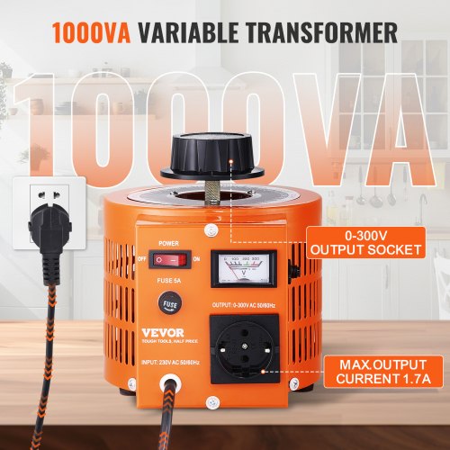 VEVOR 1000VA Stelltransformator mit variabler Spannung, 3,3 Ampere, 230 V Eingang, 0-300 V Ausgang, AC-Spannungsregler-Netzteil, mit 4 zusätzlichen Sicherungen, für Zuhause, Industrie, Büro