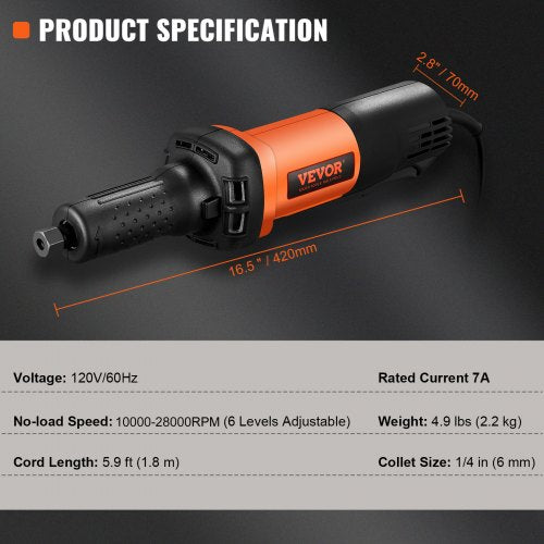 VEVOR Geradschleifer 820W Mini-Schleifer 7000-30000 U/min Stabschleifer 6 Geschwindigkeiten Multischleifer mit 1,8m Kabel 1/4" und 1/8" Spannzange Wasserdicht Geräuscharm Schleifen Polierens Schneiden