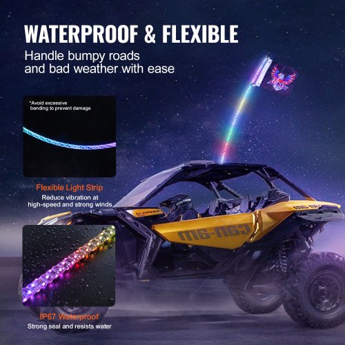 VEVOR 1 Stück 4 Fuß Peitschenlicht, APP- und RF-Fernbedienung, LED-Peitschenlicht, Wasserdichte 360°-Spiral-RGB-Peitschen mit Beleuchtung &amp; 2 Flaggen, für UTVs, ATVs, Motorräder, RZR, Can-Am