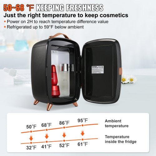 VEVOR Tragbarer Gespiegelter 6 L Schönheitskühlschrank mit LED-Beleuchtung, Schwarz 9 V DC Minikühlschrank Make-up, 8 Dosen 3 LED Spiegel Licht Modus, Klein Skincare Fridge für Büro, Schlafzimmer usw.
