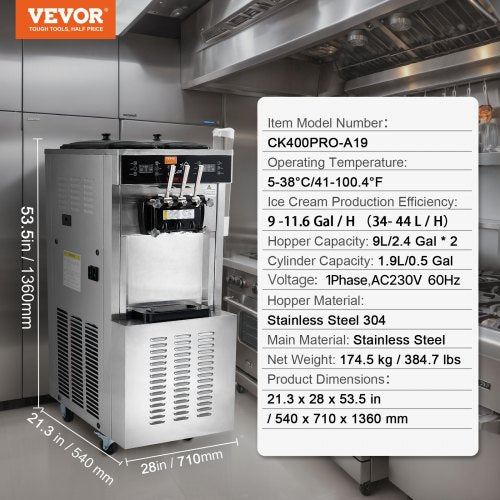 VEVOR Kommerzielle Eismaschine, 34–44 L/h Leistung, 1850 W, Freistehende Softeismaschine mit 3 Geschmacksrichtungen, 2 x 9 L Edelstahlbehälter, LED-Panel Einzelzylindernutzung &amp; Kühlung über Nacht