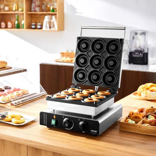 VEVOR Elektrischer Donutmaker, 2 kW Kommerzielle Donutmaschine mit Antihaftbeschichtung, 9 Löcher, Doppelseitige Heizwaffelmaschine für 9 Donuts, 50–300 °C, für Restaurants und den Heimgebrauch