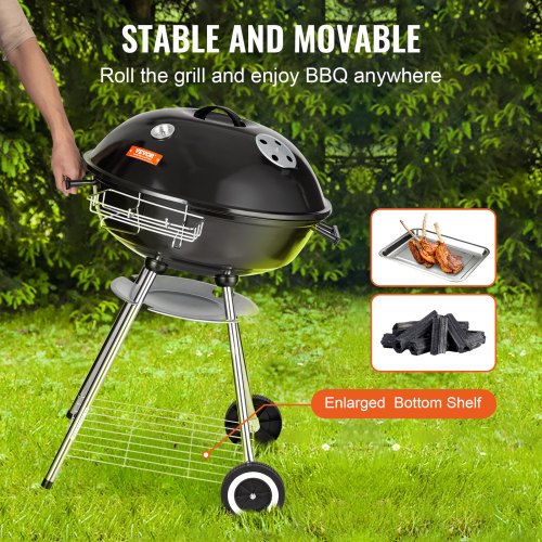 VEVOR Wasserkocher Holzkohlegrill Kugelgrill 56 cm tragbar Grill Kugelgrill mit Deckel Leckeres BBQ Picknickgrill mit großer Grillfläche Holzkohle