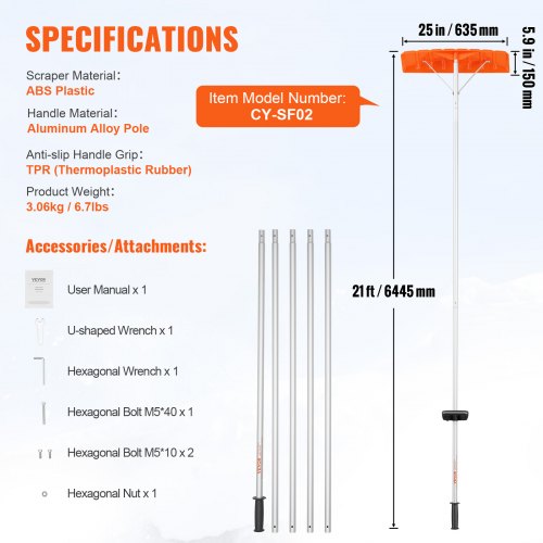 VEVOR Schneeschaufel Dach 64 cm, Einstellbereich 1,52 bis 6,4 m, Dachschneeräumer aus Aluminium und ABS Schaufel, Schneeschieber Schneeräumer Dachräumer mit Rutschfester Griff