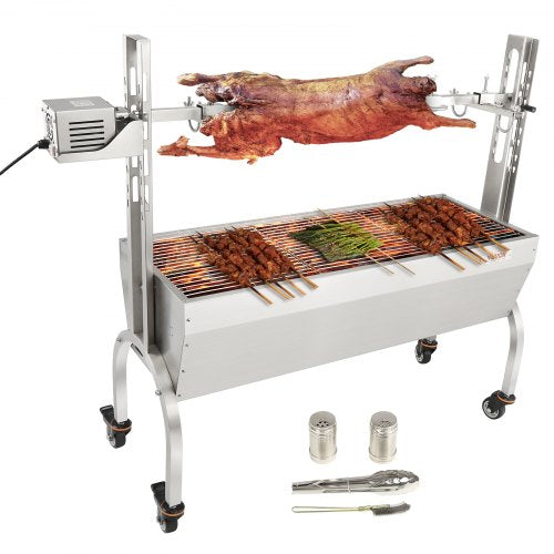 VEVOR Spanferkelgrill Lammgrill 117 cm, 41 kg Edelstahl Drehspieß 4-stufig höhenverstellbar, 50 W 2 in 1 BBQ-Rotisserie-Grill inkl. Gewürzdose &amp; Reinigungsbürste &amp; Griff Elektrogrill Beweglich