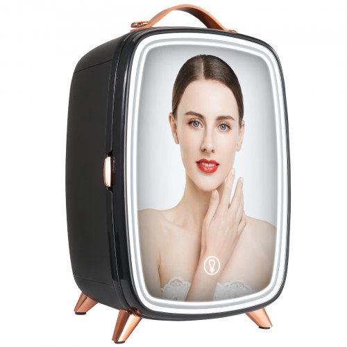 VEVOR Tragbarer Gespiegelter 6 L Schönheitskühlschrank mit LED-Beleuchtung, Schwarz 9 V DC Minikühlschrank Make-up, 8 Dosen 3 LED Spiegel Licht Modus, Klein Skincare Fridge für Büro, Schlafzimmer usw.
