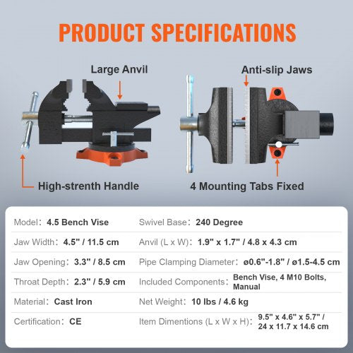 VEVOR Schraubstock Amboss 240° drehbar 1,5-4,5 cm Spannweite Werkbankschraubstock