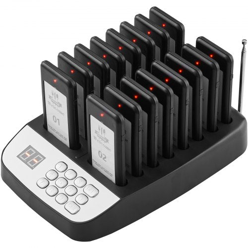 VEVOR Restaurant-Pager-System, Kabelloses Warteschlangensignal mit 500 m Reichweite, Piepser zur Rufannahme von Gästen mit Vibration und Blinken, 16 Pager für Imbisswagen, Kirche
