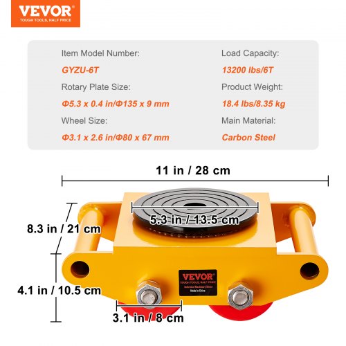 VEVOR Panzerrollen 6T Transportfahrwerk 280x210x105mm Transportrollen aus Kohlenstoffstahl Industrieroller mit 4 PU-Richtungsräder Roller Ф 135x9mm Drehplatte Möbeltransporthilfe Transportroller