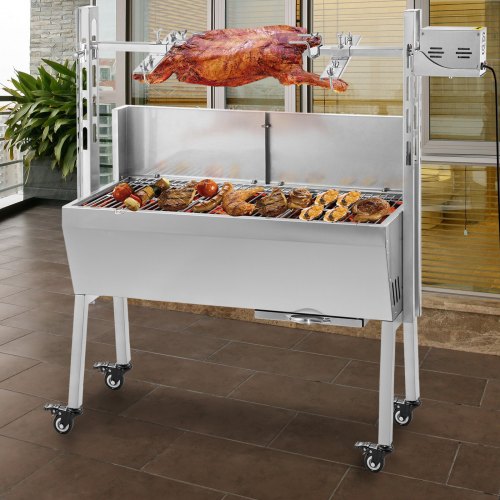 VEVOR BBQ Spießgrill Tisch Spießbratengrill mit Grillmotor für Hähnchen Lamm, Rind oder Rollbraten, mit höhenverstellbarer Spieß für bis zu 60 kg Grillgut, Grillfläche Holzkohlegrill: ca. 88 x 44 cm