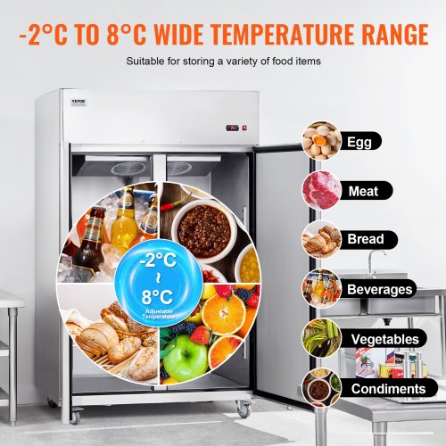 VEVOR Gewerbekühlschrank 1100 L, 2 Türen, Edelstahl-Kühlschrank mit automatischer Abtauung, 6 Ablagen, Temperaturregelung von  -2 bis + 8 °C und 4 Rädern