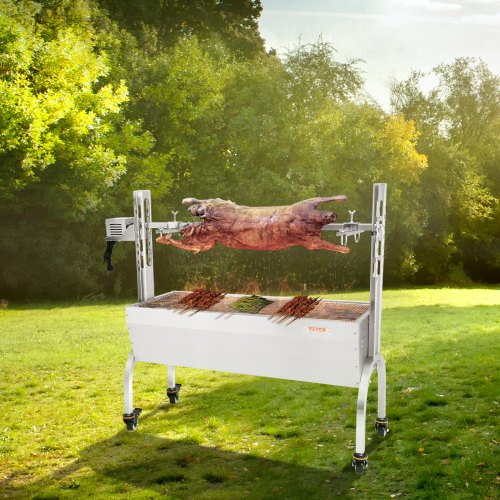 VEVOR Spanferkelgrill Lammgrill 117 cm, 41 kg Edelstahl Drehspieß 4-stufig höhenverstellbar, 50 W 2 in 1 BBQ-Rotisserie-Grill inkl. Gewürzdose &amp; Reinigungsbürste &amp; Griff Elektrogrill Beweglich