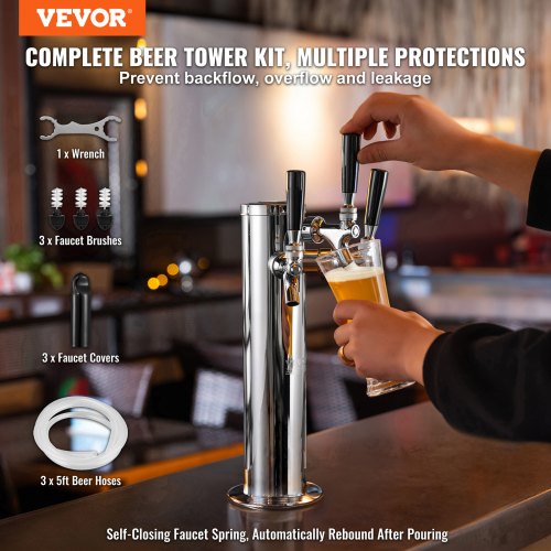 VEVOR Bierzapfturm mit 3 Zapfhähnen, Bierfassturm aus Edelstahl, Kegerator-Turm-Kit mit Vormontierten Schläuchen &amp; selbstschließenden Zapfhähnen für Partys, Bars, Pubs und Restaurants