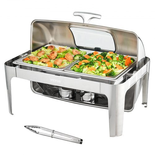 VEVOR 1 Stk. Speisenwärmer Wärmebehälter Chafing-Dish-Set Rolldeckel 5 L x 2, Rechteckig Edelstahl Wärmebehälter Buffet Set inkl. Sichtglasdeckel &amp; Esszange, für Restaurants, Buffets, Schulen usw.