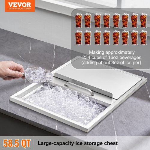 VEVOR 55,23 L Drop-in-Eisbox, 608 x 457 x 333 mm Edelstahl-Eiskühler, Kommerzieller Eisbehälter mit Schiebedeckel, Eingebaute Eisspeichertruhe, Abflussrohr &amp; Ablassstopfen im Lieferumfang Enthalten