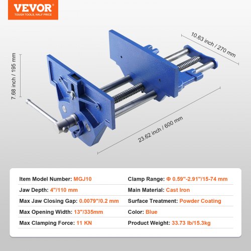 VEVOR Schraubstock für Holzarbeiten 110mm Spanntiefe 335mm Öffnungsbreite Parallelschraubstock aus Gusseisen pulverbeschichtet 11KN Spannkraft Φ15-74mm Spannbereich Ideal für Holzbearbeitungsstudios