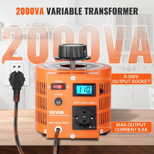VEVOR 2000VA Stelltransformator mit variabler Spannung, 6,6 Ampere, 230 V Eingang, 0-300 V Ausgang, Wechselspannungsregler, mit LCD-Display, 4 zusätzlichen Sicherungen, für Zuhause, Industrie, Büro