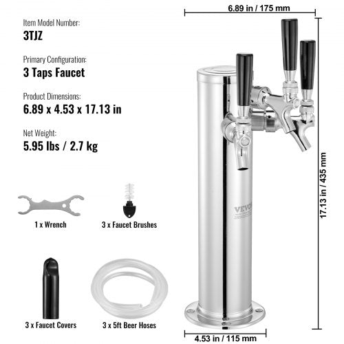 VEVOR Bierzapfturm mit 3 Zapfhähnen, Bierfassturm aus Edelstahl, Kegerator-Turm-Kit mit Vormontierten Schläuchen &amp; selbstschließenden Zapfhähnen für Partys, Bars, Pubs und Restaurants