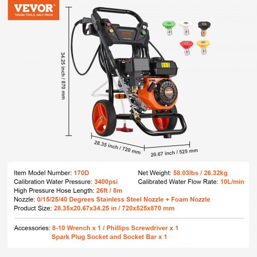 VEVOR Benzin Hochdruckreiniger 3400PSI 2,6GPM mit 5 Düsensatz für Autos vertikal