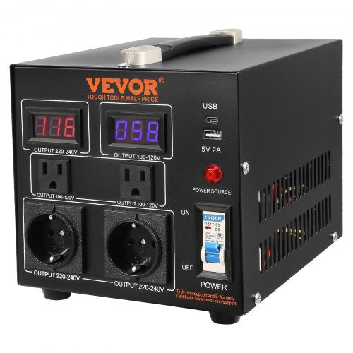 VEVOR 500VA Spannungswandler Transformator AC 110V⇋220V Transformer Wandler 2x US NEMA 5-15R 3-polige/ 2x standardmäßige europäische Shucko-Ausgangssteckdosen, 1x 5V-USB-Anschluss, 1x Typ-C-Buchse
