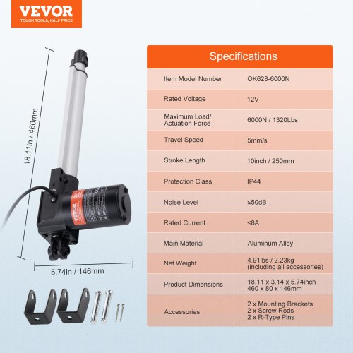 VEVOR 6000N Linear Actuator DC 12V Linearantrieb IP44 Elektrischer Linearmotor 250mm Hublänge Geräuschpegel ≤ 50dB Elektrische Türöffner 5 mm/s Fahrgeschwindigkeit Lineartechnik Verstellantrieb