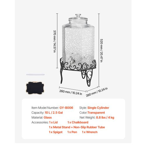 VEVOR Getränkespender 1x10L Saftspender mit Metallständer für Partys Bars Glas