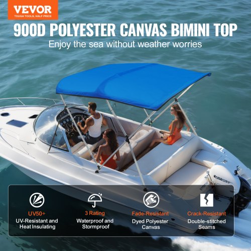 VEVOR 3-Bogen-Bimini-Top-Bootsabdeckung, 1550-1670 mm Einbaubreite 900D-Polyester-Überdachung mit Aluminiumlegierungsrahmen, Wasserdicht  &amp; Sonnenschutz, inkl. Aufbewahrungsbox, 2 Stützstangen Blau