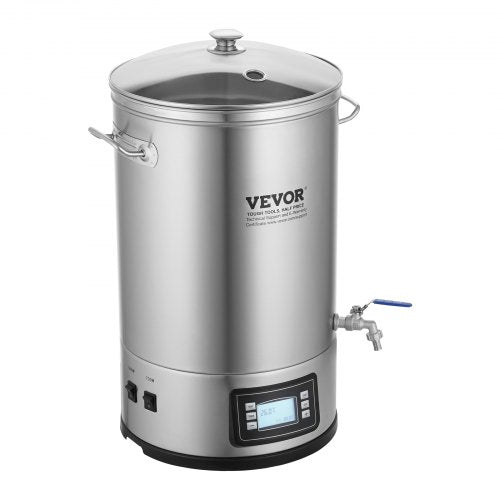 VEVOR Edelstahl Bierbrauanlage Wasserkocher 35 L, Wasserkocher zum Brauen, Heimbrauzubehör für Bier, Bierbraugerät Set inkl. Glasdeckel, Griff, Zapfhahn, Elektronische Bedienblende Gewerblich