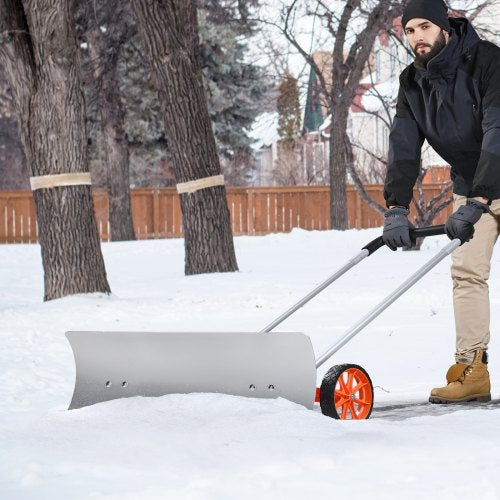 VEVOR Schneeschieber mit Rädern 74,5cm Schneeschaufel Schneeschippe Schneeräumer mit breiter Klinge und U-förmigem Griff Seitenwinkel von 15° Schneeräumgeräte Ideal für Schulen Krankenhäuser Parks