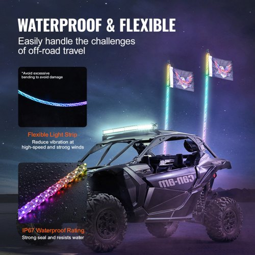 VEVOR 2 Stück Peitschenlicht mit Federbasis, LED-Peitschenlicht mit APP und Fernbedienung, Wasserdichte 360°-Spiral-RGB-Verfolgungslichtpeitsche mit 2 Flaggen, 914,4 mm LED Peitsche Licht UTVs, ATVs