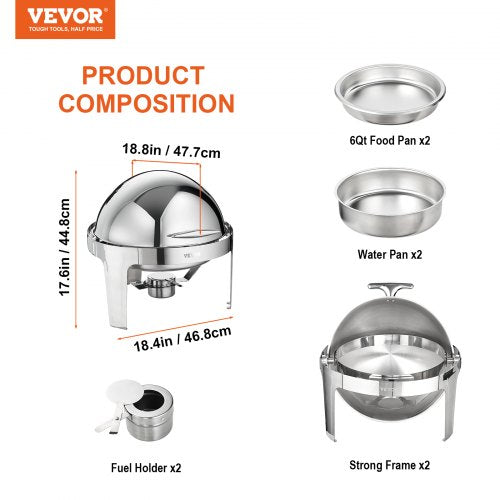 VEVOR 2-teiliger Speisenwärmer Wärmebehälter Chafing-Dish-Set Rolldeckel 5,5 L x 2, Rund Edelstahl Wärmebehälter Buffet Set inkl. Kraftstoffhalter &amp; Esszange, für Restaurants, Buffets, Schulen usw.