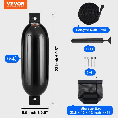 VEVOR Fender-Set 4 Aufblasbare Fenders 16,51 x 58,42 cm Bootsfender, Horizontale oder vertikale Montage, Stegfender Langfender mit 4 Nadeln &amp; Seilen &amp; AufbewahrungstascheHitzebeständig, UV-geschützt