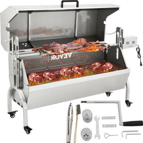 VEVOR Rotisserie-Grill, Edelstahl, Schweinelamm, Haubenbräter, 127 cm, elektrischer Holzkohlespieß, mit 40-W-Motor und höhenverstellbaren, feststellbaren Rollen, mit Deckel, für Outdoor, Camping usw.