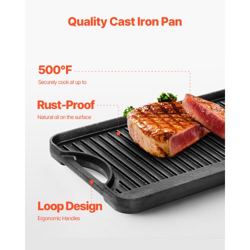 VEVOR Wendbare Grillplatte Vorgewürzte BBQ Pfanne aus Gusseisen 492x218mm