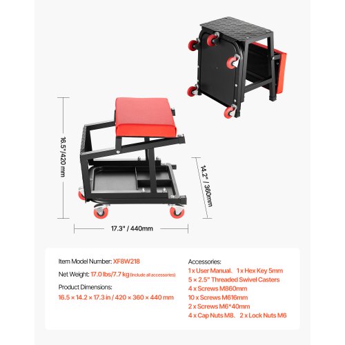 VEVOR Mechanikerhocker Rollbarer Arbeitssitz 136kg Tritthocker 360° Drehbar