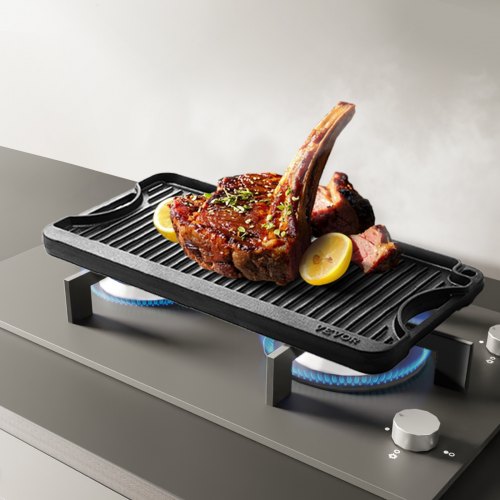 VEVOR Wendbare Grillplatte Vorgewürzte BBQ Pfanne aus Gusseisen 492x218mm