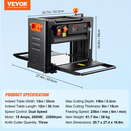 VEVOR Dickenhobelmaschine 2000W Leistung Dickenhobel 3 Hobelmesser Hobelmaschine 23500U/min Hobelbreite 33cm Max. Schnittstärken 15cm Tischhobelmaschine 52,5x69,6x48cm Ideal zur Holzbearbeitung