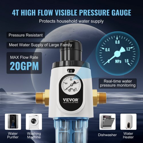 VEVOR Spin-Down-Filter, 40 Mikron-Sedimentfilter für das ganze Haus für Brunnenwasser, 3/4 Zoll GM + 1 Zoll GM, 4 T/H hohe Durchflussrate, für Wasserfiltersysteme für das ganze Haus