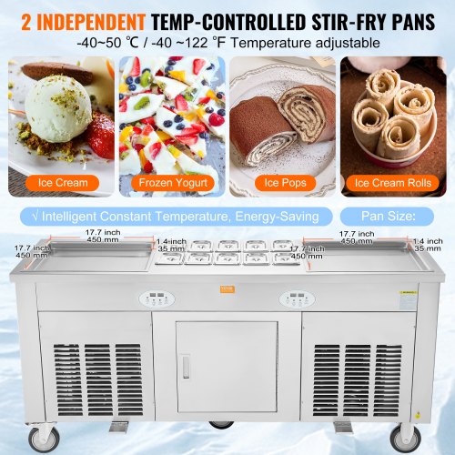 VEVOR Rollbare Maschine für Frittierte Eisrollen, 2 Stk. 45 x 45 cm Quadratische Pfannen zum Frittieren von Eis, Kommerzielle Eismaschine mit Kompressor und 4 Schabern, für Eiscreme, Frozen Yogurt