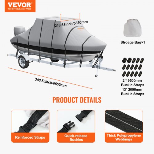 VEVOR T-Top-Bootsabdeckung, 609-670 cm Wasserdichte, Anhängertaugliche T-Top-Bootsabdeckung, 600D Marine Grade PU Oxford, mit Winddichten Schnallenriemen, für Mittelkonsolenboote mit T-Top-Dach