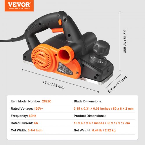 VEVOR Elektrohobel 710 W Handhobel Elektrisch 16500 U/min Handhobelmaschine 82,55 mm Hobelbreite Elektro Hobelmaschine 2 mm Schnitttiefe inkl. Parallelanschlag