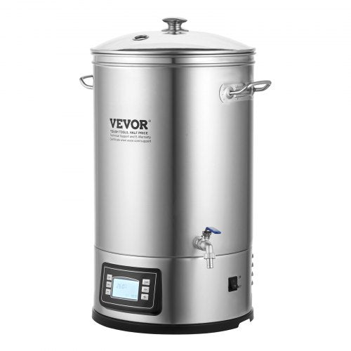 VEVOR Edelstahl Bierbrauanlage Wasserkocher 35 L, Wasserkocher zum Brauen, Heimbrauzubehör für Bier, Bierbraugerät Set inkl. Glasdeckel, Griff, Zapfhahn, Elektronische Bedienblende Gewerblich