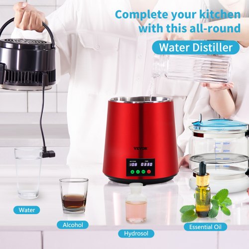 VEVOR Wasser Destillierer 1L / H Haushalt Rotes Wasserdestilliergerät Destilliertes Wasser herstellen 750 W, Doppelter Bildschirm Edelstahl Distilleranlage mit Glaskanne Reinwasser destilieren