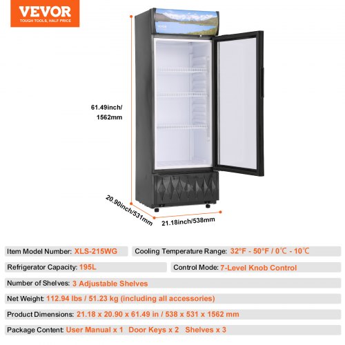 VEVOR Getränkekühlschrank Flaschenkühlschrank Schwarz 195 L, Getränkekühlschrank mit 3 Verstellbaren Einlegeböden, Gastro Getränkekühler 7-Stufige Knopfsteuerung, LED Kommerzieller Kühlschrank