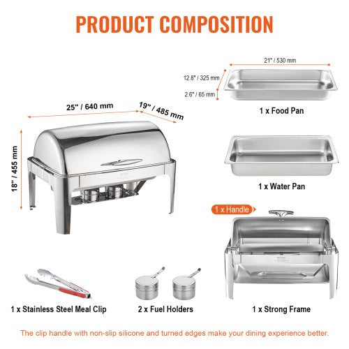 VEVOR Edelstahl Chafing Dish Set 7,5 L, 1 Stk. Speisenwärmer Wärmebehälter Suppenwärmer, Speisen Warmhaltebehälter Suppentopf Chafing Dishes Set mit 2 Brennstoffbehälter für Catering, Buffet. Party